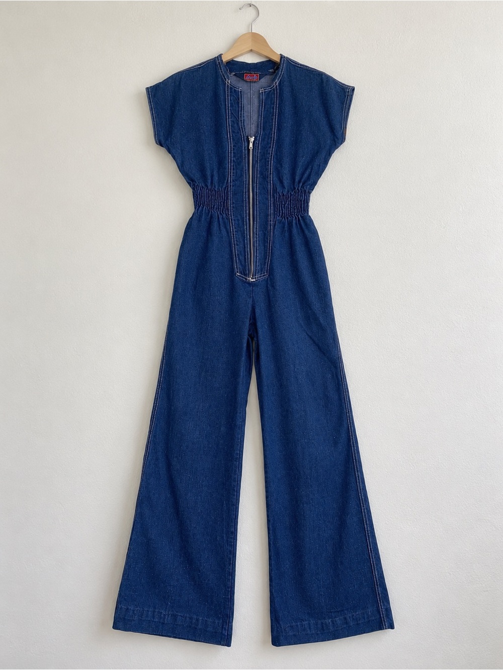 Vintage 1970s Male Denim Jumpsuit Small Wide Leg Elastic Waist Zip Front